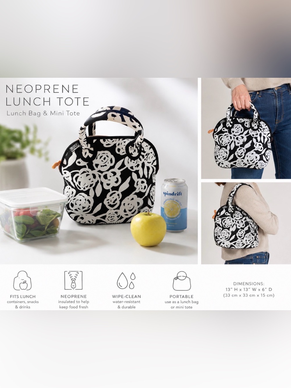 ❤️ Black and White Floral Insulated Neoprene Eco Friendly Tote